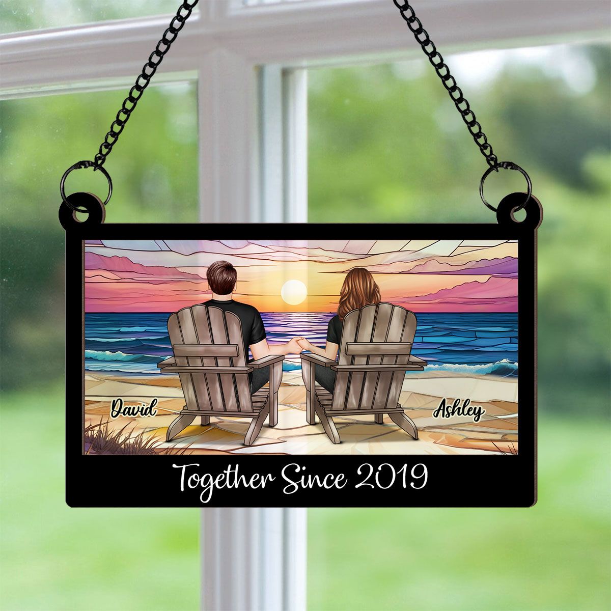 Couple Sitting Back View At Beach Landscape Stained Glass Personalized Suncatcher