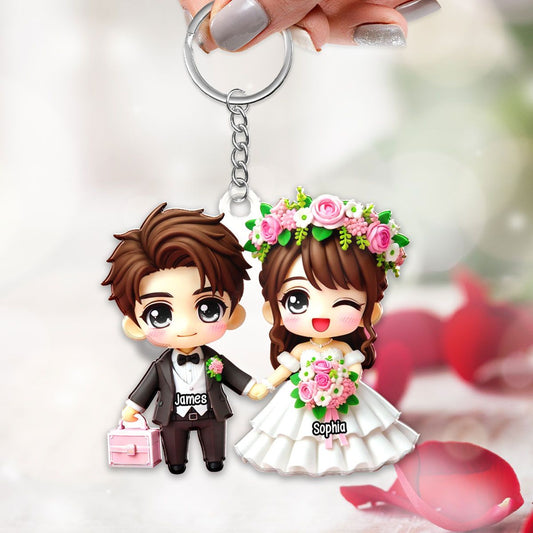 Wedding Cartoon Chibi Couple Personalized Acrylic Keychain, Gift for him, Gift for her