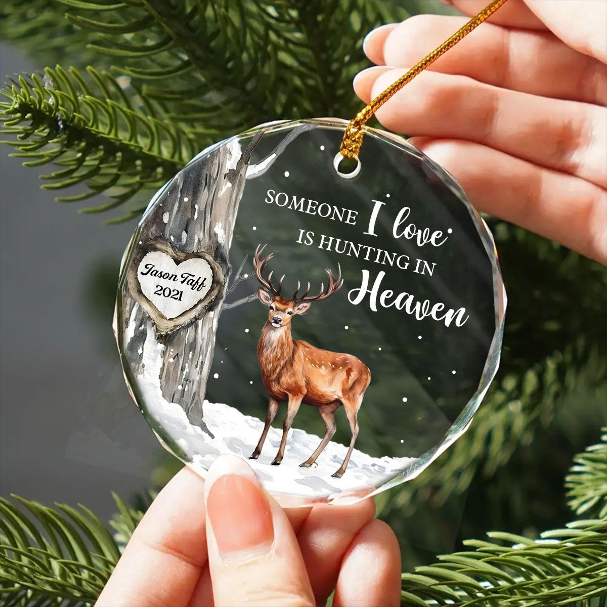 Hunting In Heaven Memorial Winter Personalized Glass Ornament