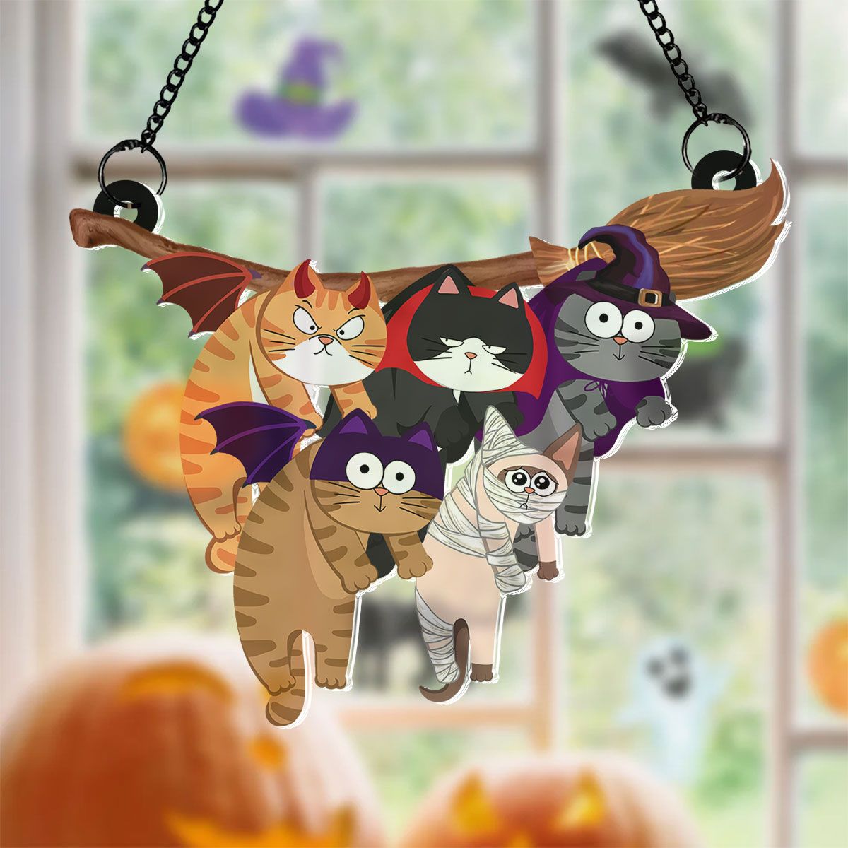 Naughty Cats Hanging On Halloween Broom Personalized Suncatcher, Halloween Decor