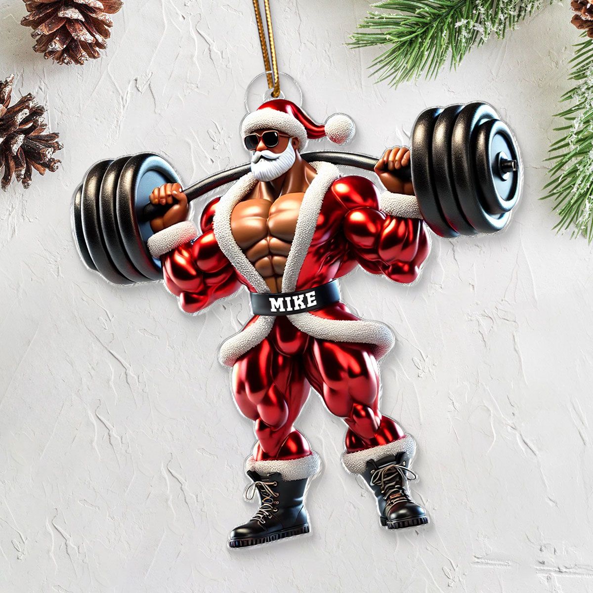 Santa Claus Weightlifting Christmas Personalized Acrylic Ornament, Gym, Bodybuilding, Fitness Christmas Gift