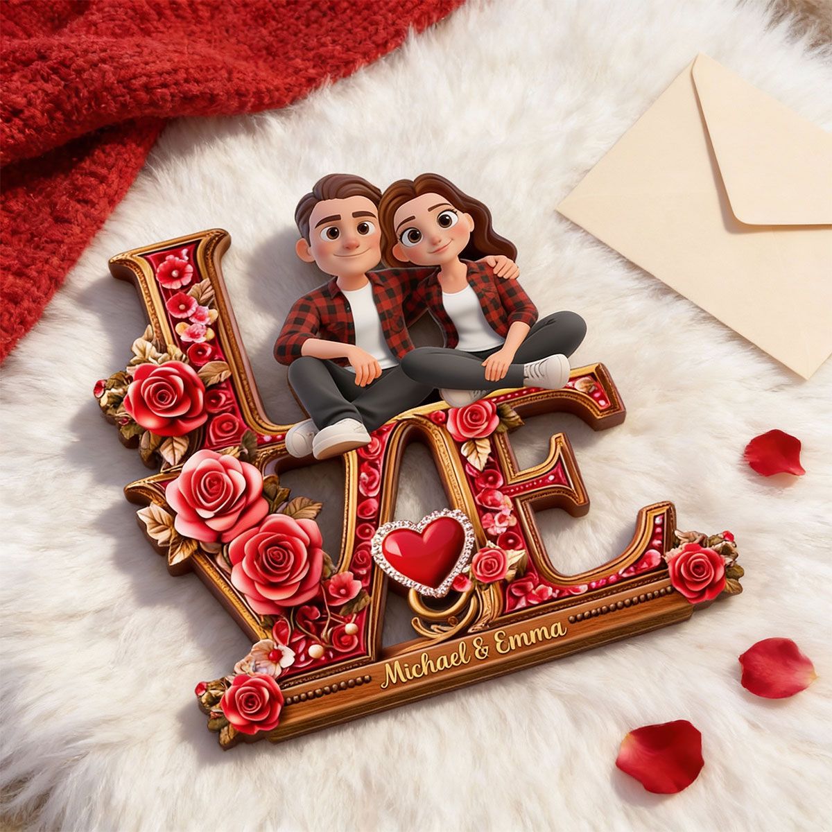 Couple Heart Rose Love - Personalized 2-Layered Wooden Plaque - Heartfelt Valentine's Day Gift for Her, for Him