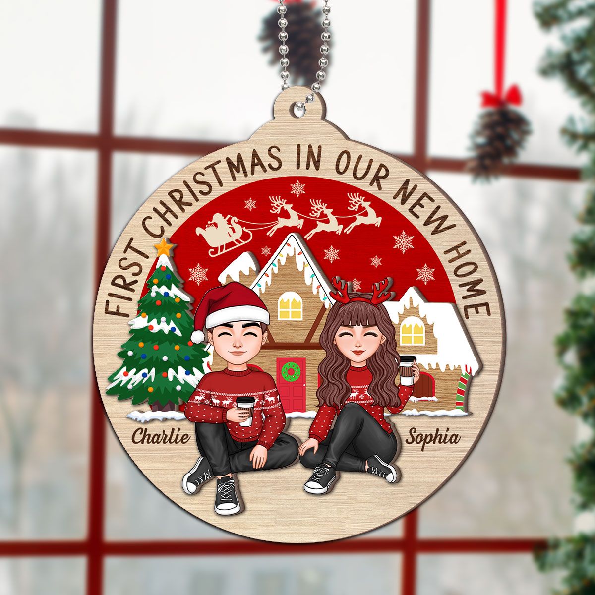 First Christmas In Our New Home Couple Sitting Personalized 2-Layer Ornament