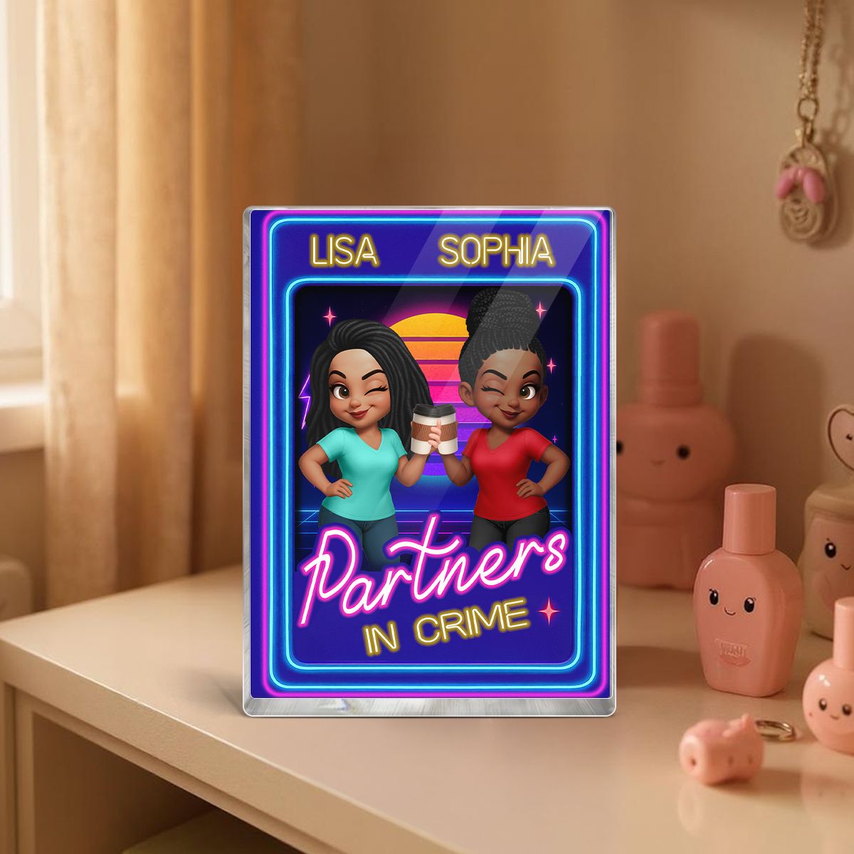 Besties Sisters Retro Rewind Neon Toy Box 3D Effect Personalized Acrylic Block