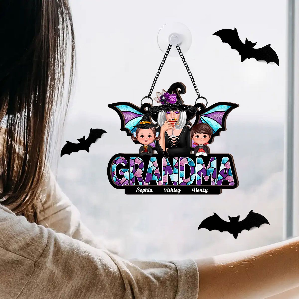 Halloween Grandma And Grandkids On Text Personalized Suncatcher