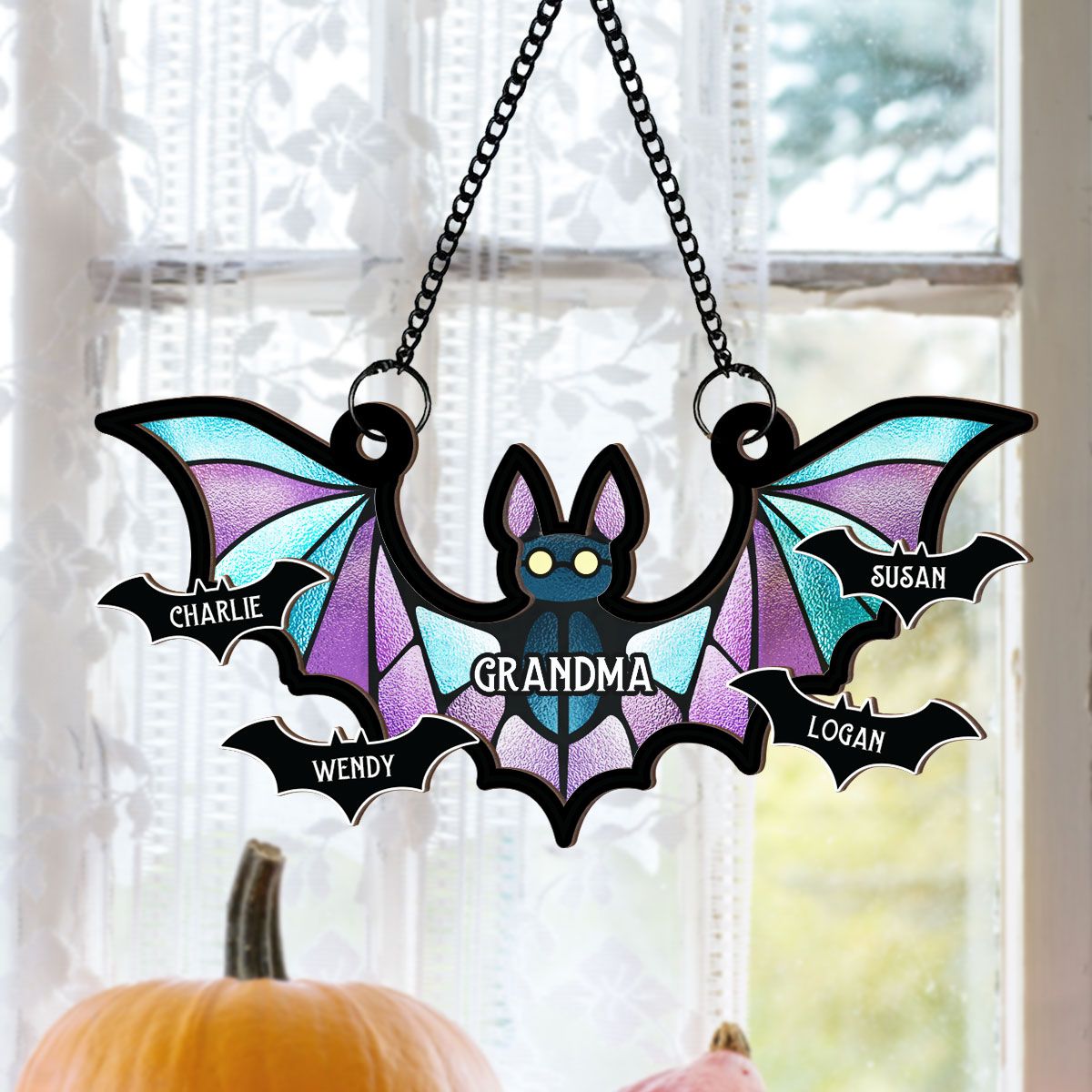 Grandma Spooky Bat Personalized Window Hanging Suncatcher Ornament, Halloween Decor