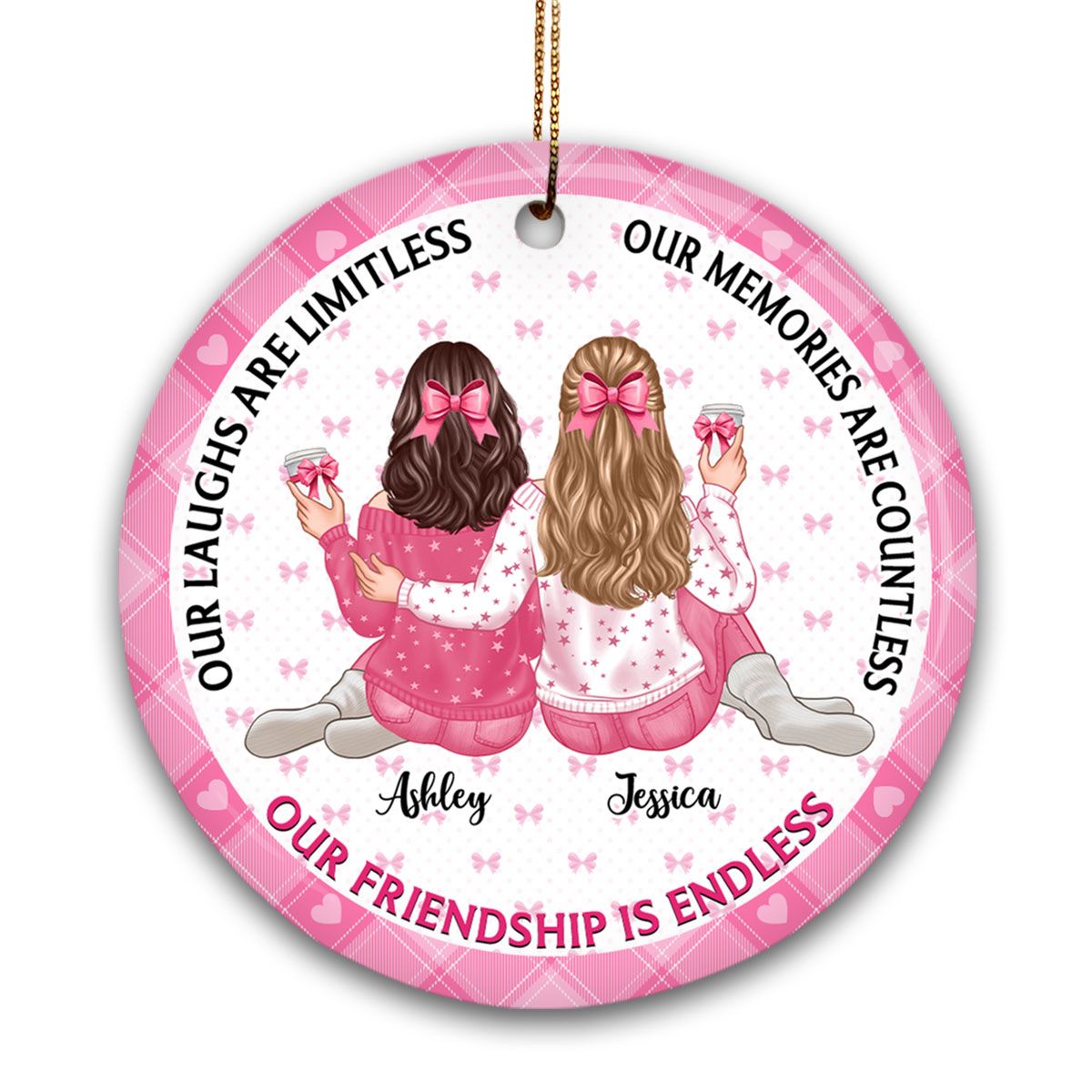 Our Friendship Is Endless Besties Back View Coquette Theme Personalized Ceramic Ornament