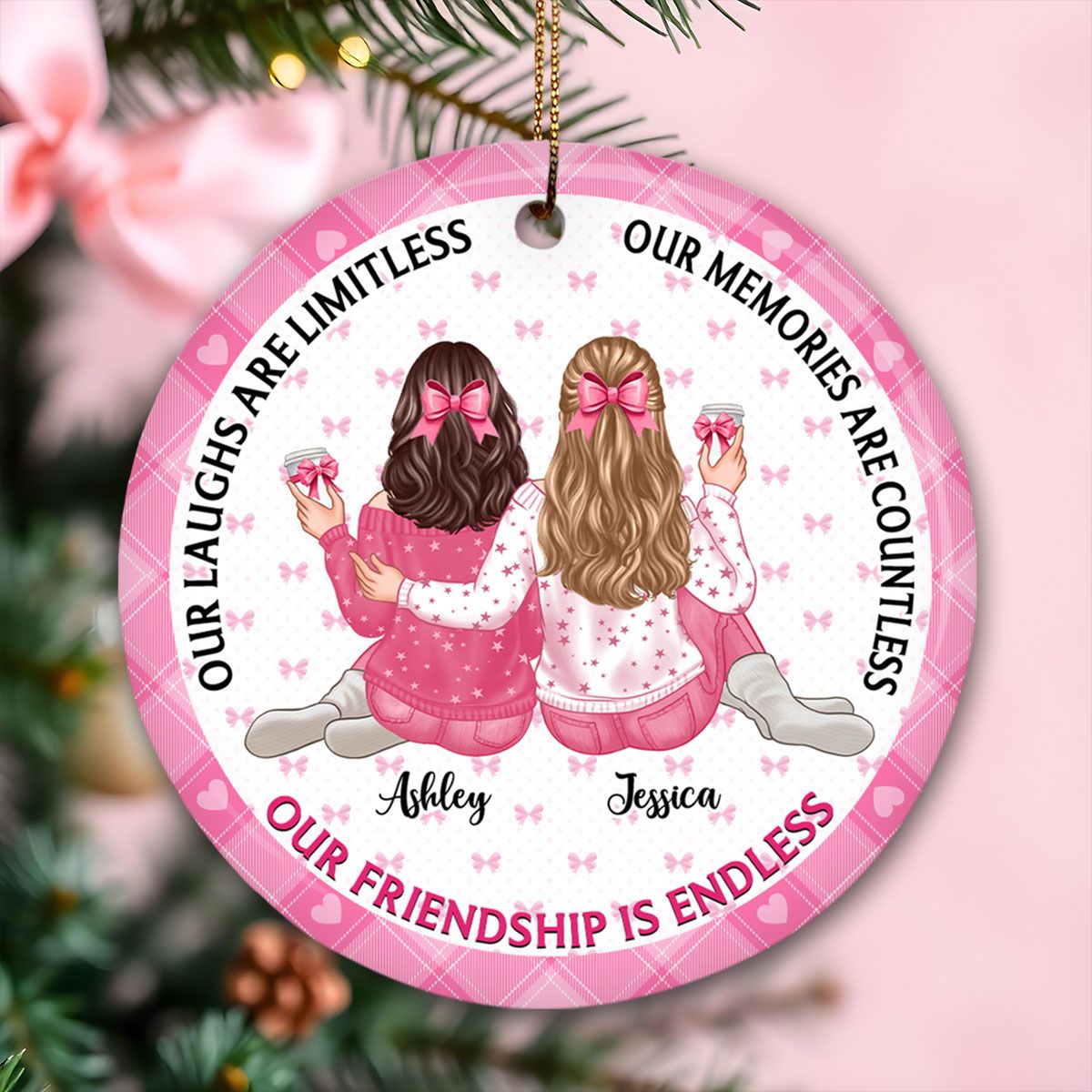 Our Friendship Is Endless Besties Back View Coquette Theme Personalized Ceramic Ornament