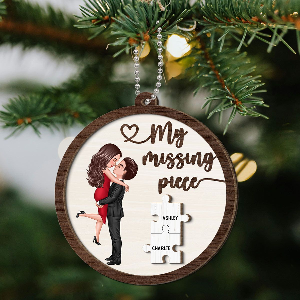 My Missing Piece Couple Hugging Kissing Personalized 2-Layer Wooden Ornament