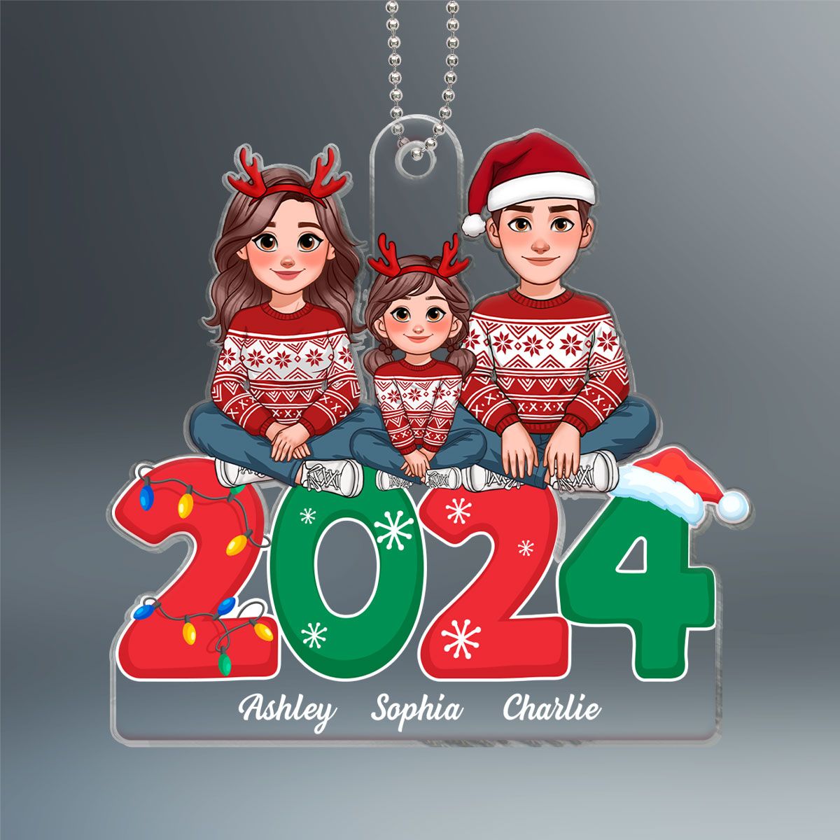 Animated Family Sitting On 2024 Christmas Personalized Acrylic Ornament