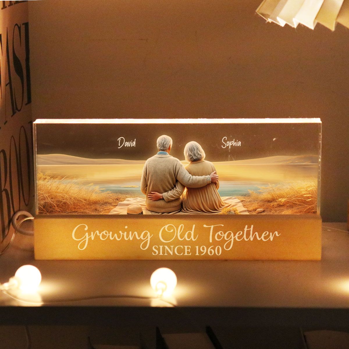 Growing Old Together Personalized Acrylic Block LED Night Light, Anniversary Birthday Gift For Husband, Wife, Old Couple, Parents