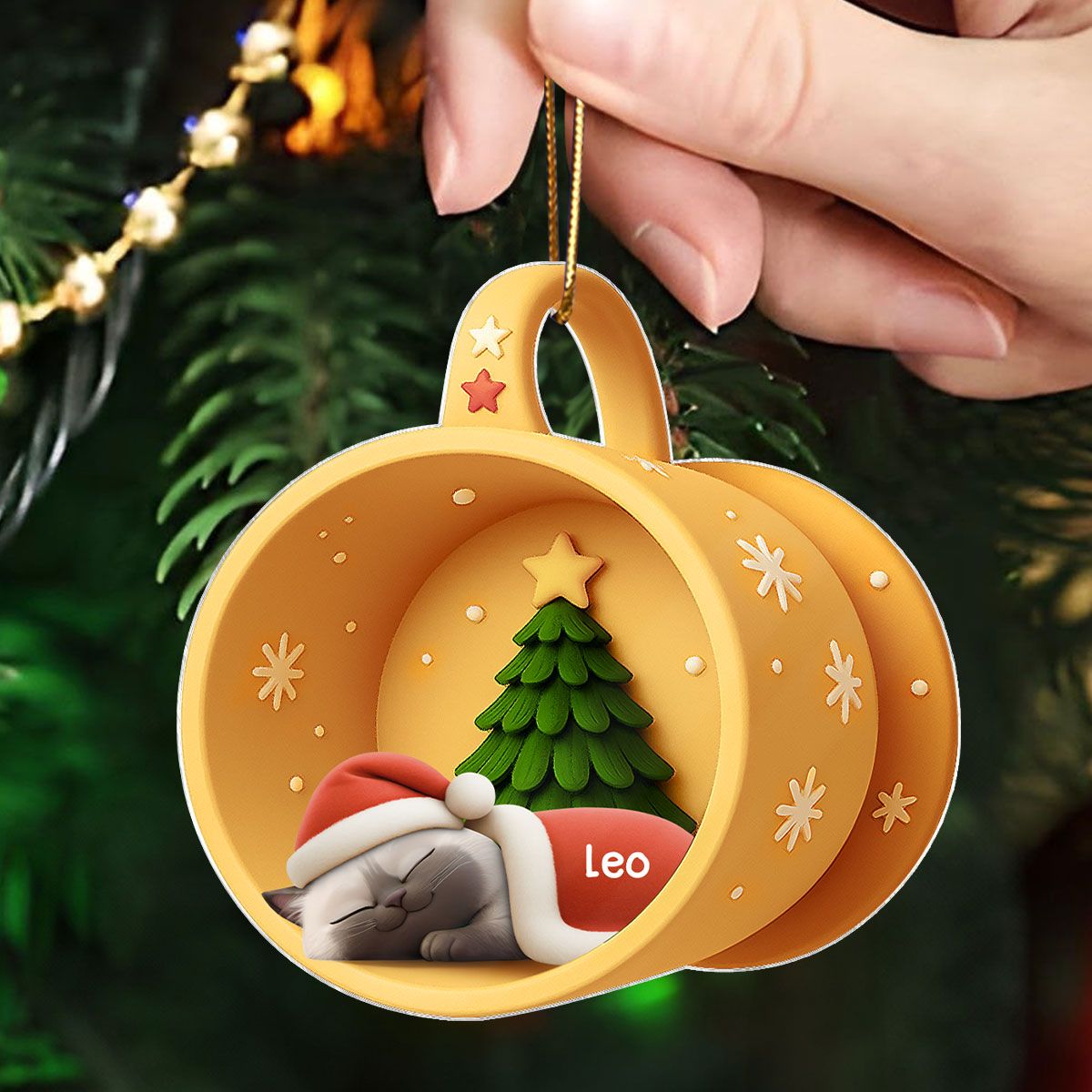 Christmas Sleeping Cats In Cozy Mug 3D Effect Personalized Acrylic Ornament