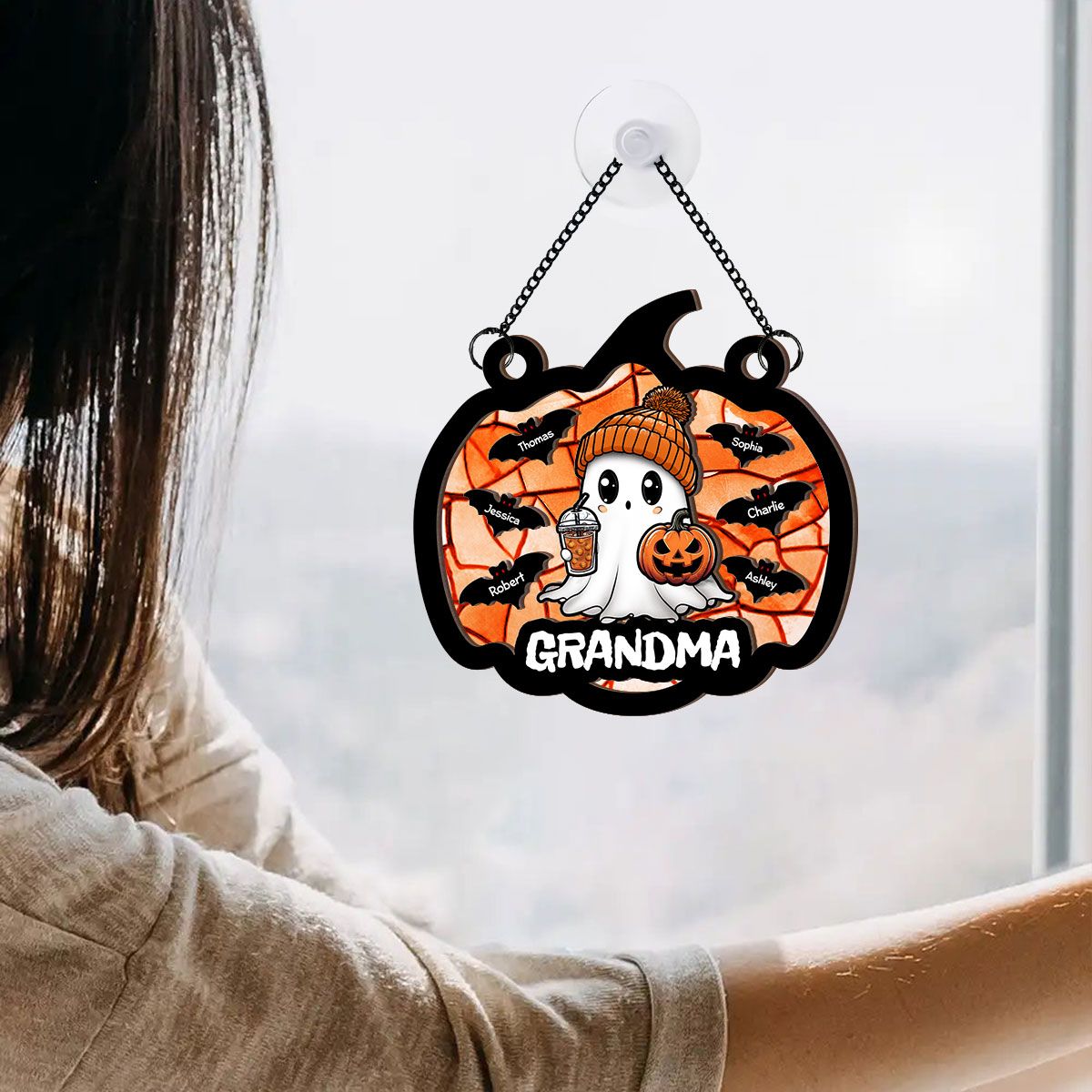 Fall Season Halloween Grandma Boo Personalized Suncatcher, Halloween Decoration