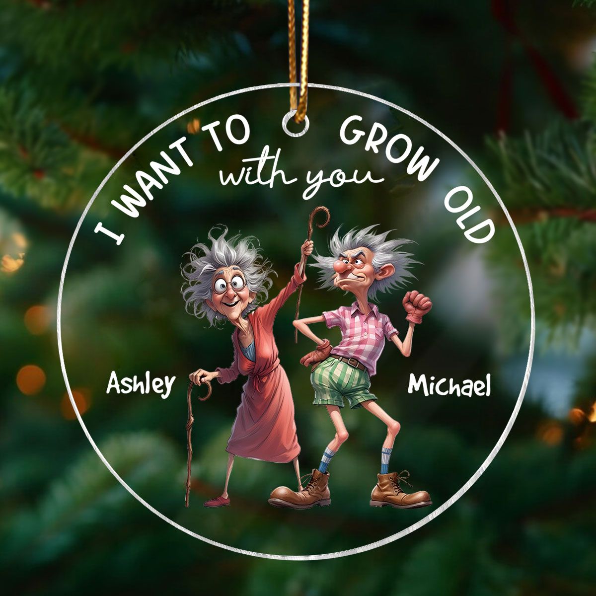 Quirky Funny Old Couple Elderly People Personalized Acrylic Ornament, Christmas Gift