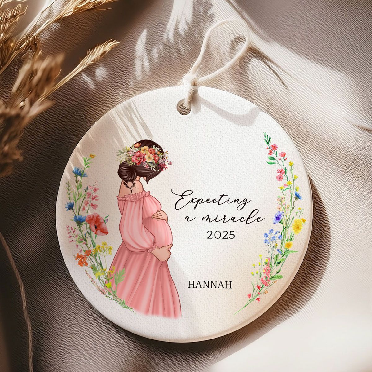 Pregnant Mom Watercolor Wildflowers, Baby Bump's First Christmas, Pregnancy Announcement Personalized Circle Ceramic Ornament