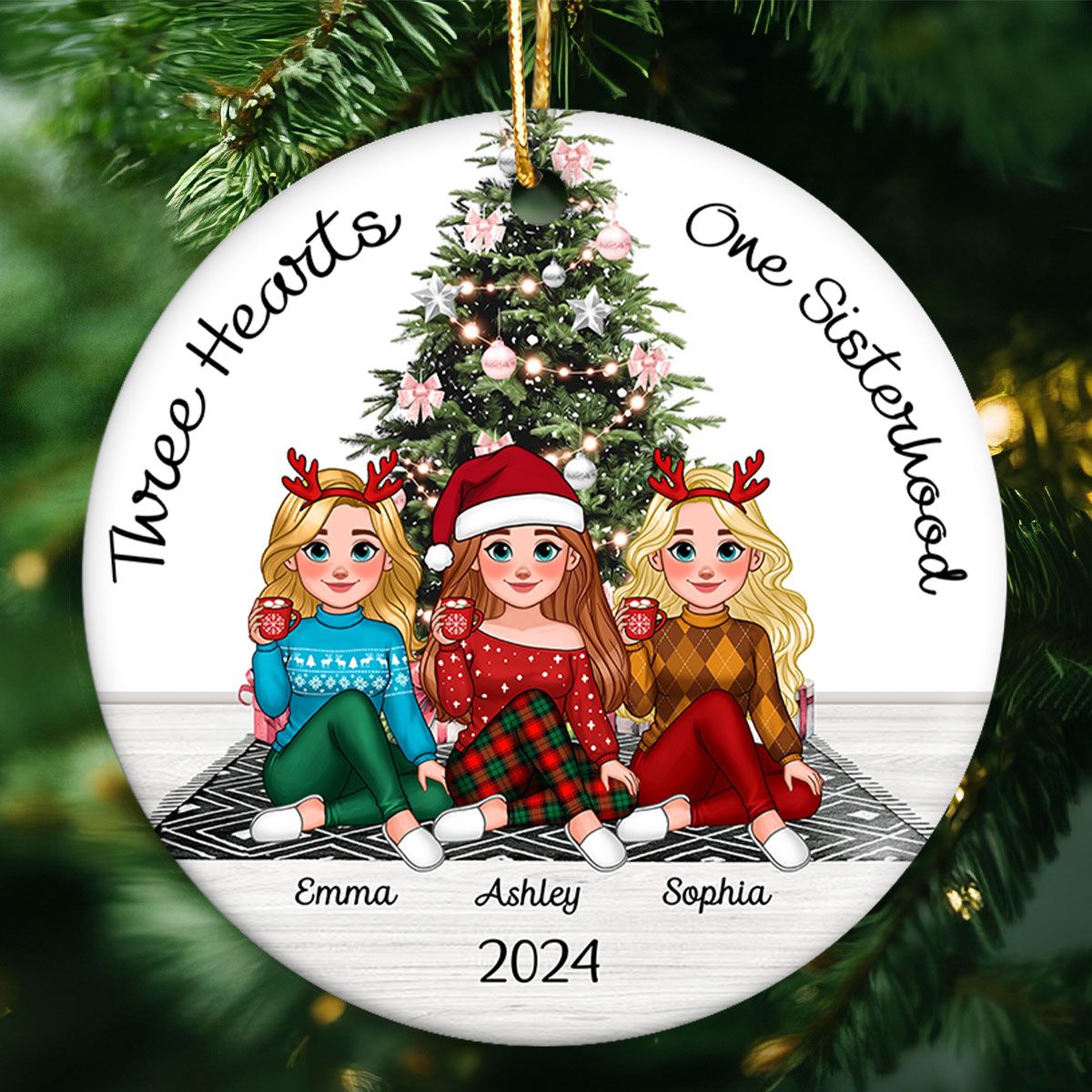 Sisterhood Animated Besties Christmas Personalized Ceramic Ornament