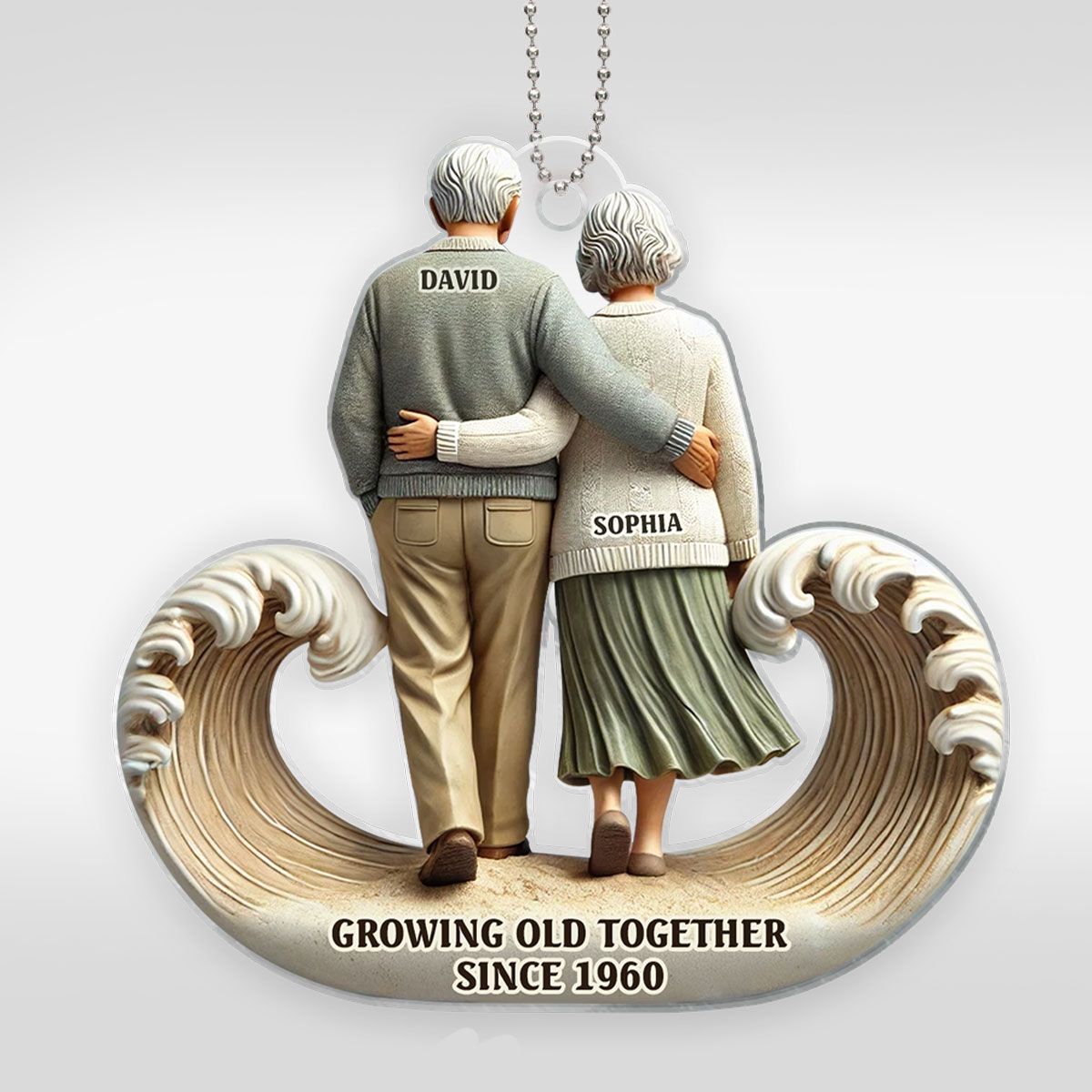 Sea Waves Old Couple Walking Together Personalized Car Hanger Ornament, Heartfelt Gift For Couple, For Him, For Her, Husband, Wife