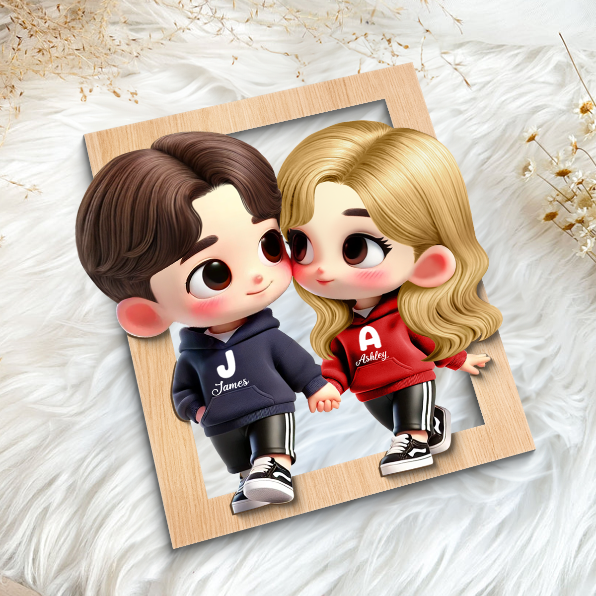 Cute Cartoon Couple Holding Hands Personalized 2-Layered Wooden Plaque, Anniversary & Valentine's Day Gift for him, Gift for her