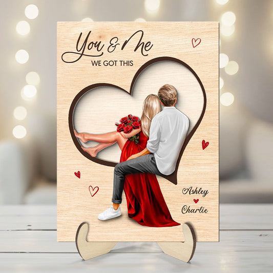 Couple Sitting On Heart Engraved Personalized 2-Layer Wooden Plaque, Valentine's Day gift, Anniversary Gift for Couples