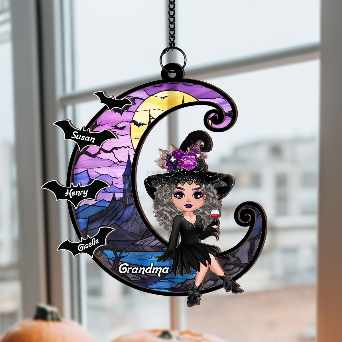 Grandma Mom Witch On Moon Personalized Suncatcher, Halloween Decor