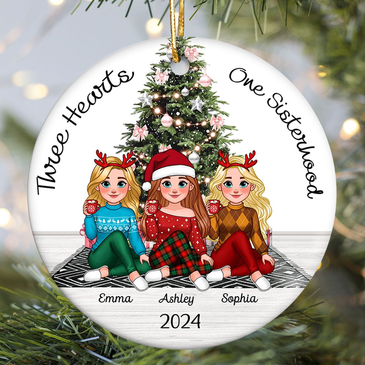 Sisterhood Animated Besties Christmas Personalized Ceramic Ornament