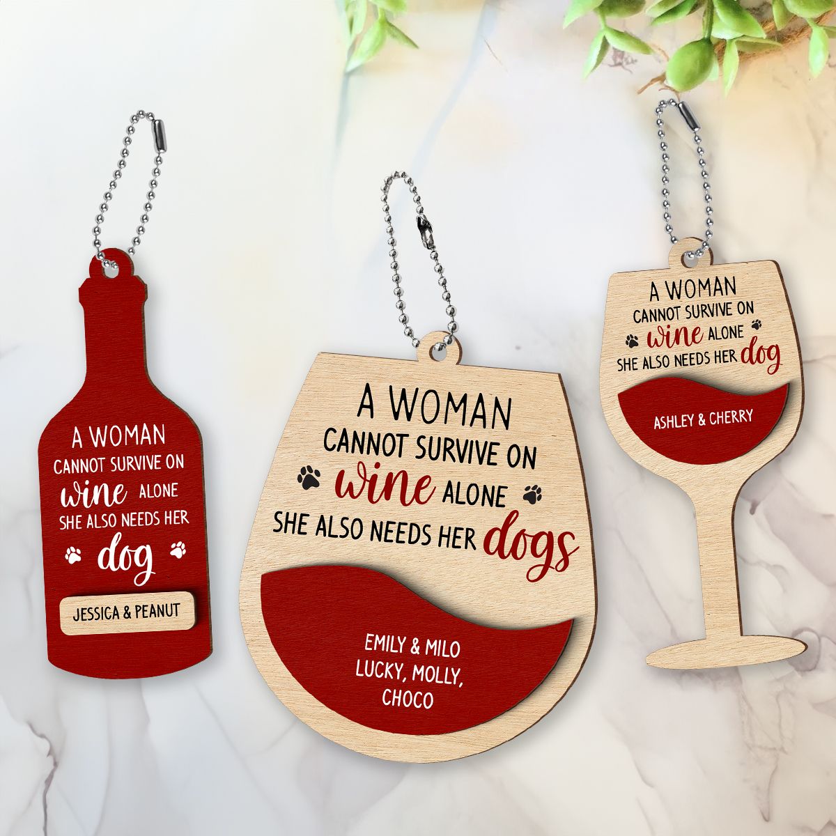 Woman Loves Wine and Dogs Personalized 2-Layered Wooden Ornament, Christmas Gift for Dog Moms