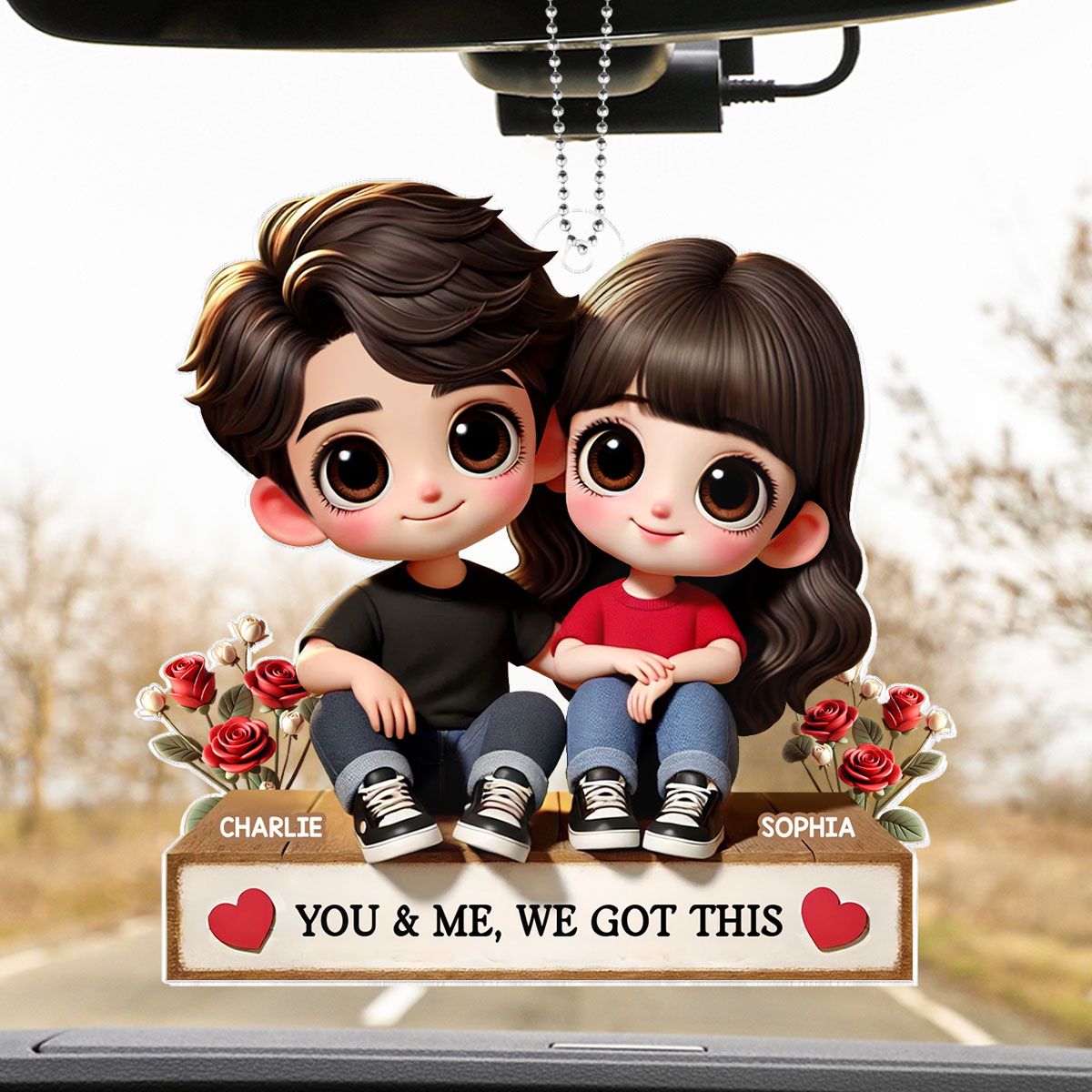 Cartoon Couple Sitting Next To Each Other Personalized Acrylic Car Hanger, Anniversary Valentine's Day Gift for him, Gift for her