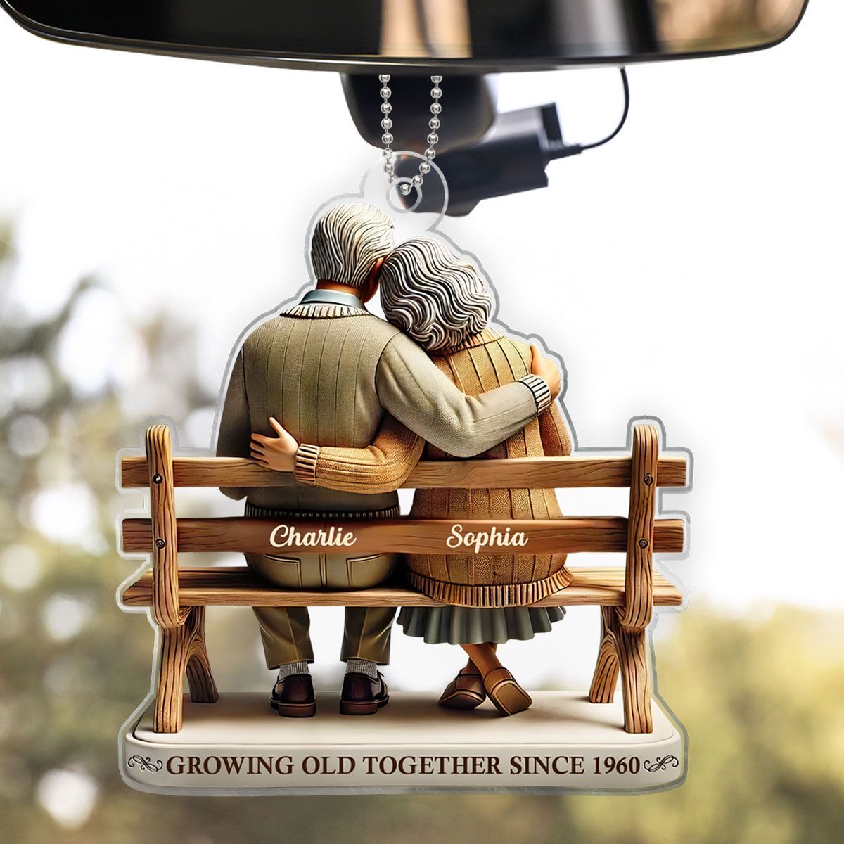 Old Couple Sitting On Bench Growing Old Together Since Personalized Car Hanger Ornament, Heartfelt Gift For Couple, For Him, For Her, Husband, Wife