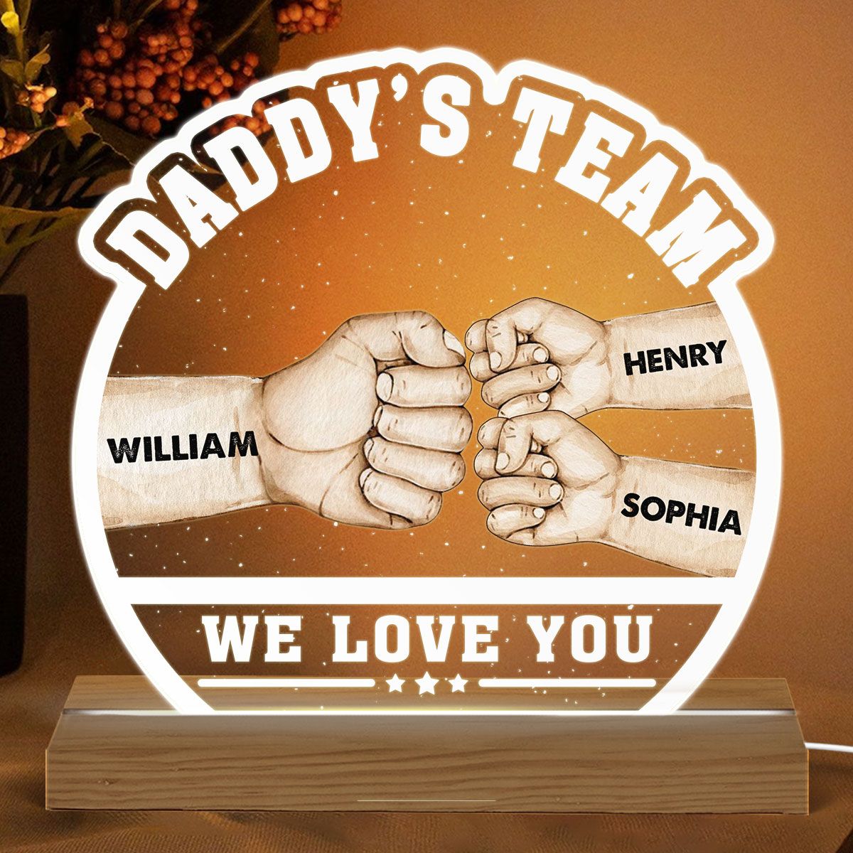 Daddy‘s Team Fist Bump Personalized Custom Shape Acrylic Warm LED Night Light