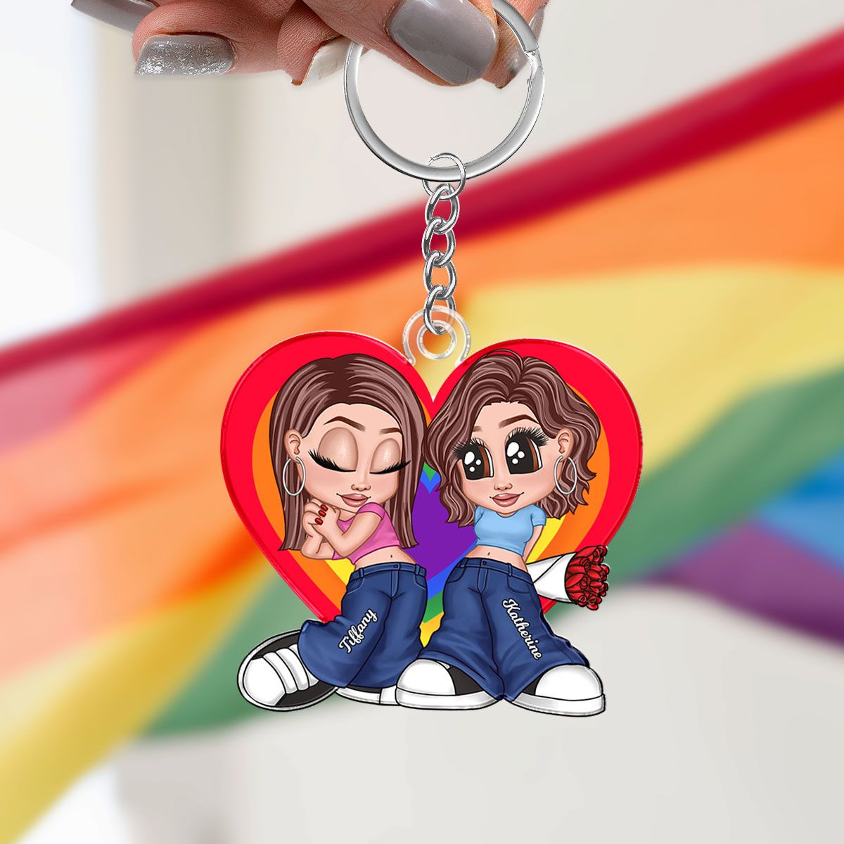 LGBT Y2K Couple Heart Personalized Acrylic Keychain, Pride Month Gift For Couple, For Him, For Her