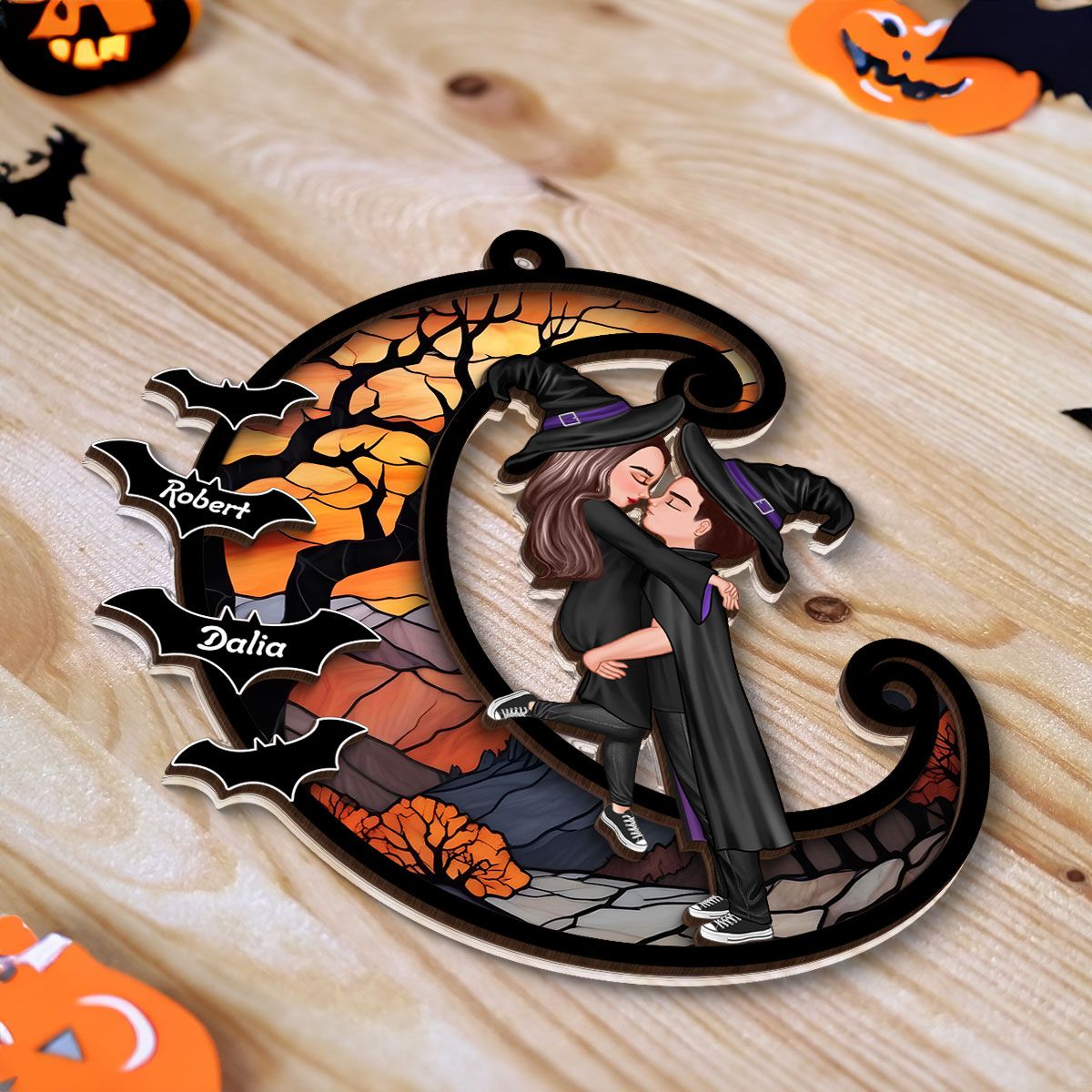 Halloween Couple Hugging Kissing On Moon Personalized Suncatcher, Halloween Decor