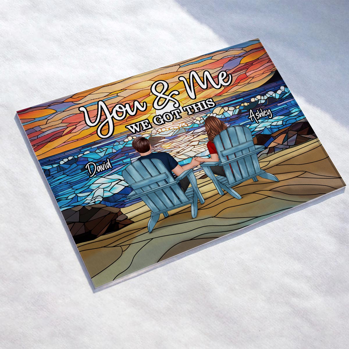 Stained Glass Back View Couple Sitting Beach Landscape Personalized Acrylic Plaque