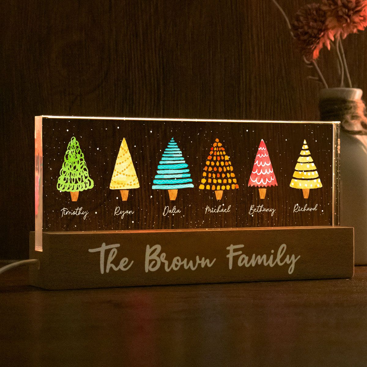 Colorful Christmas Tree Family Personalized Acrylic Block LED Night Light