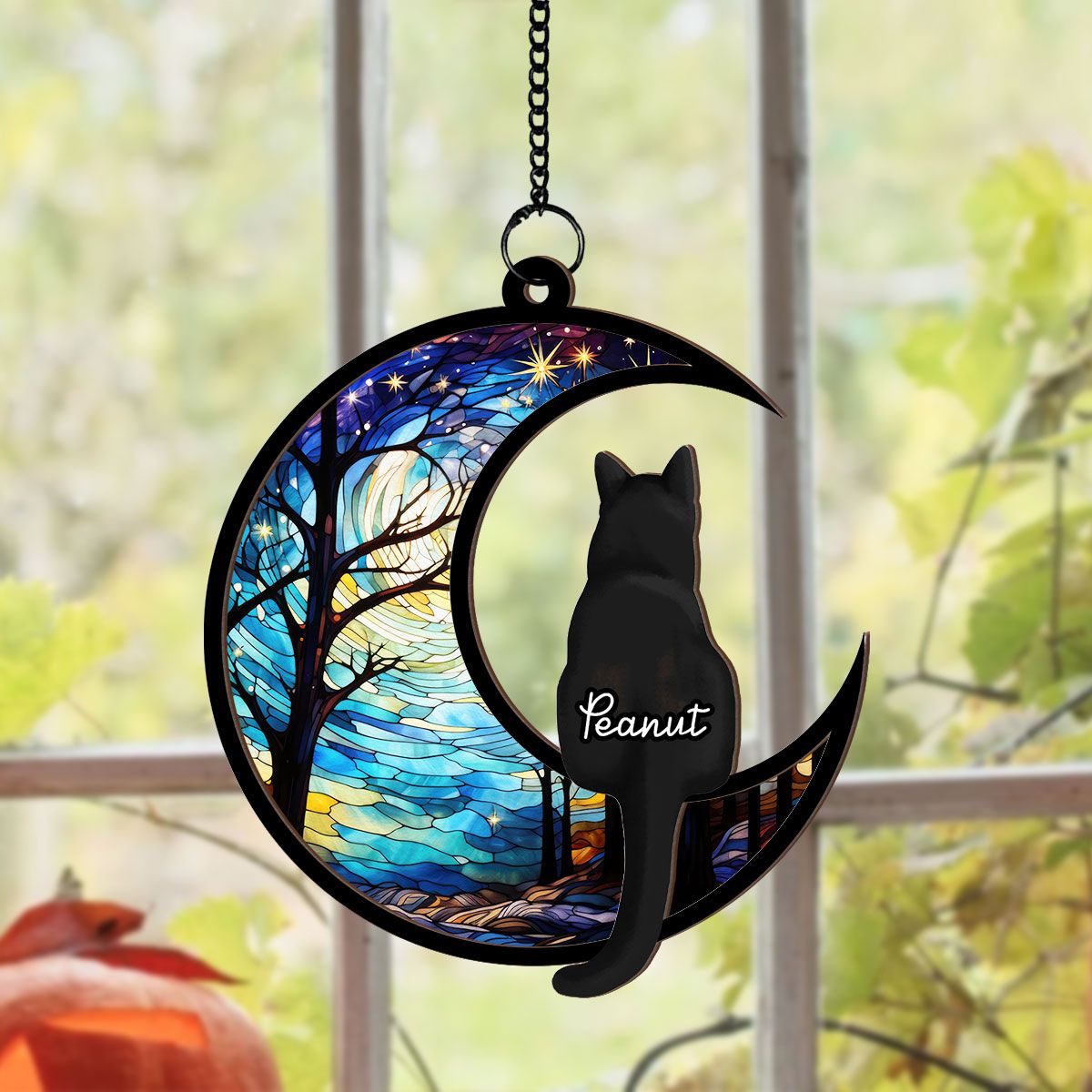 Cats On Moon Personalized Window Hanging Suncatcher, Halloween Decor For Cat Lovers