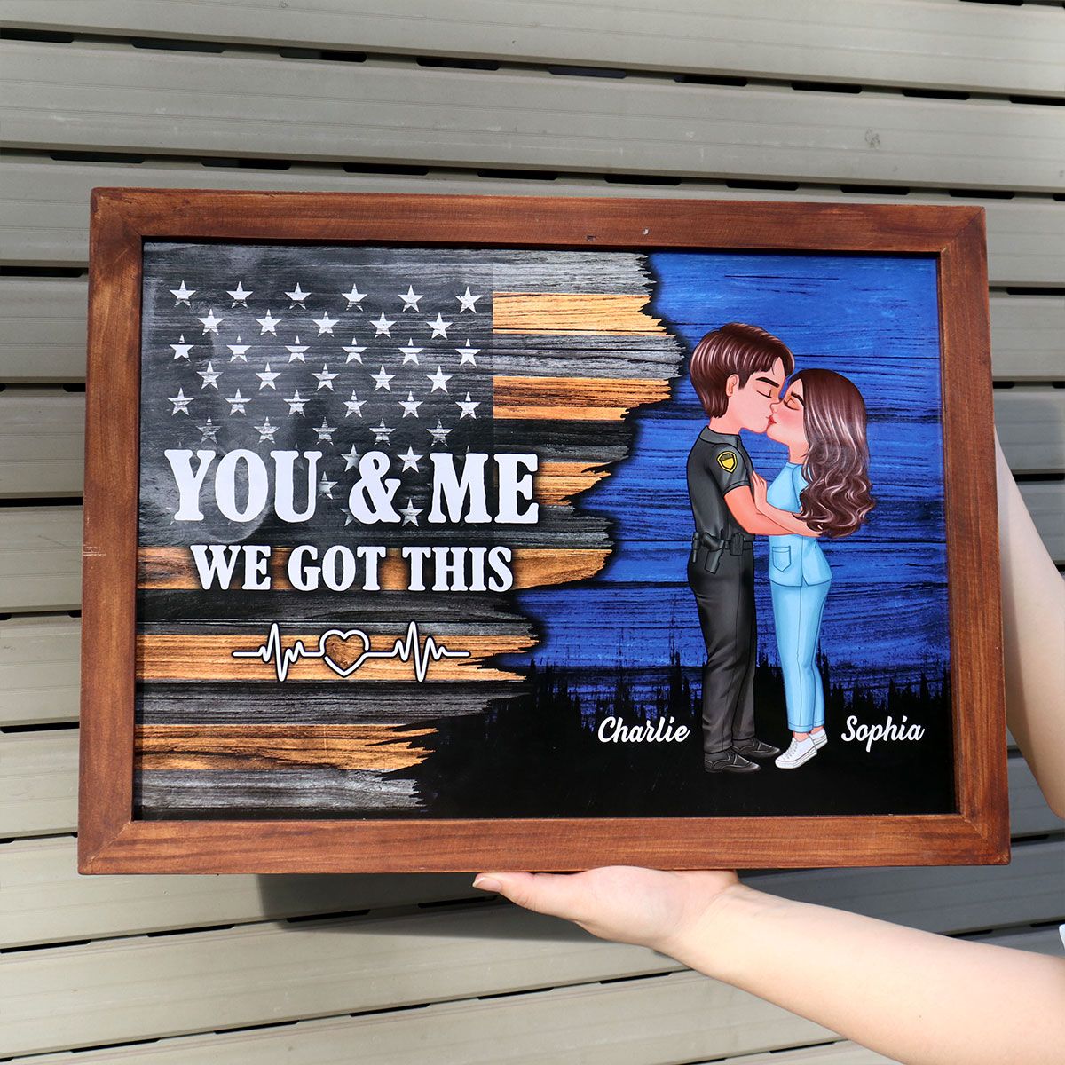 Hero Couple Kissing Half Flag Gifts by Occupation Firefighter, Nurse, Police Officer Personalized Horizontal Poster