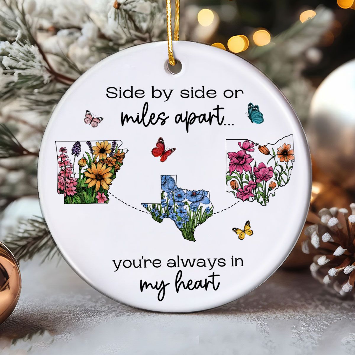 Miles Don't Matter Beautiful Wildflower State Map Long Distance Personalized Ceramic Ornament