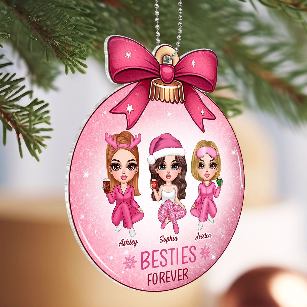 Pink Bow Coquette Besties Sisters Personalized Acrylic Ornament, Christmas Gift