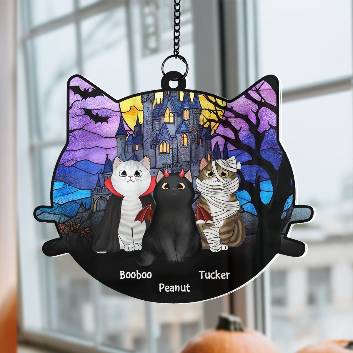 Halloween Cat Face Shaped Personalized Window Hanging Suncatcher Ornament, Halloween Decor For Cat Lovers