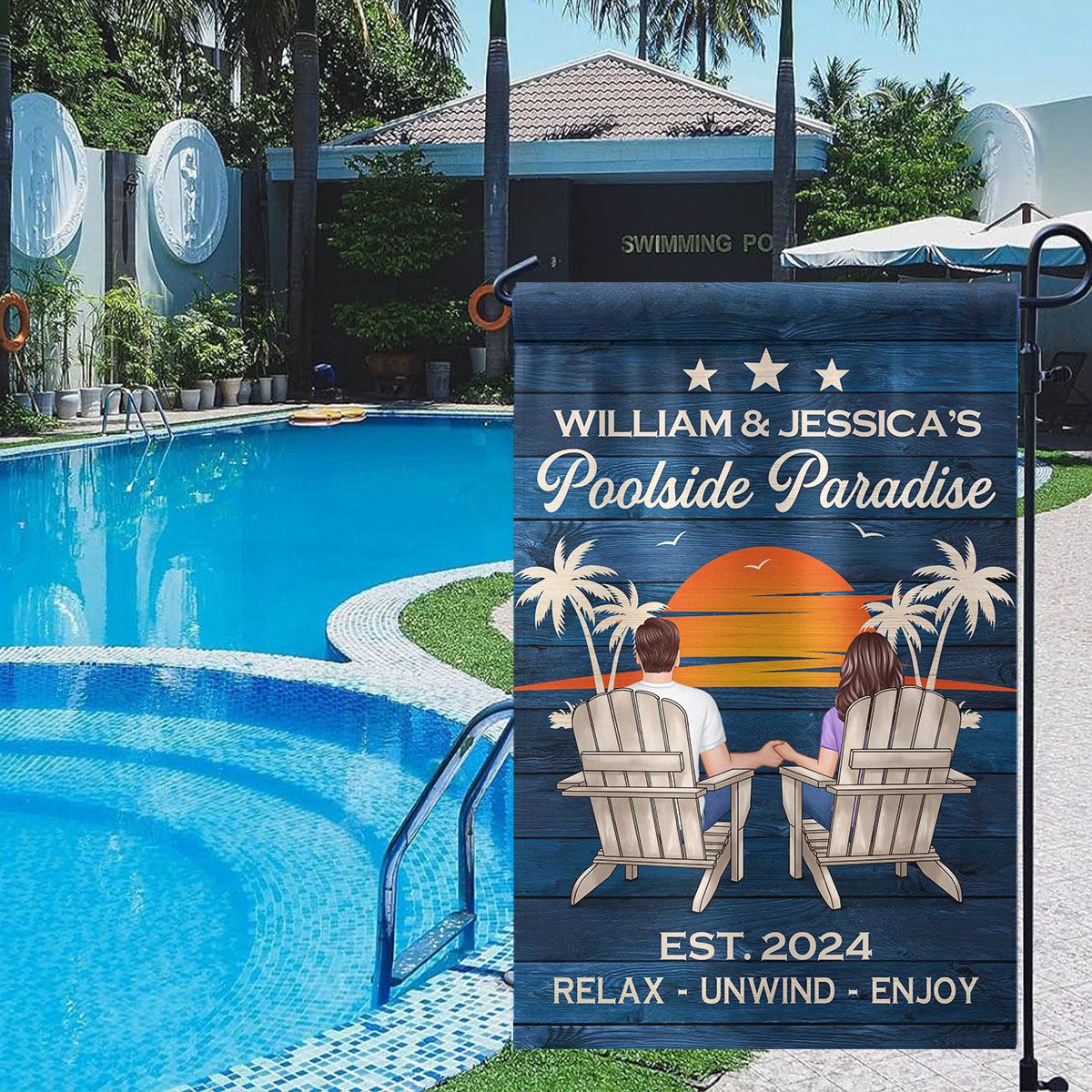 Swimming Pool Zone Decor Couple Sitting Personalized Flag, Housewarming, Birthday, Anniversary Gift for Him, Her