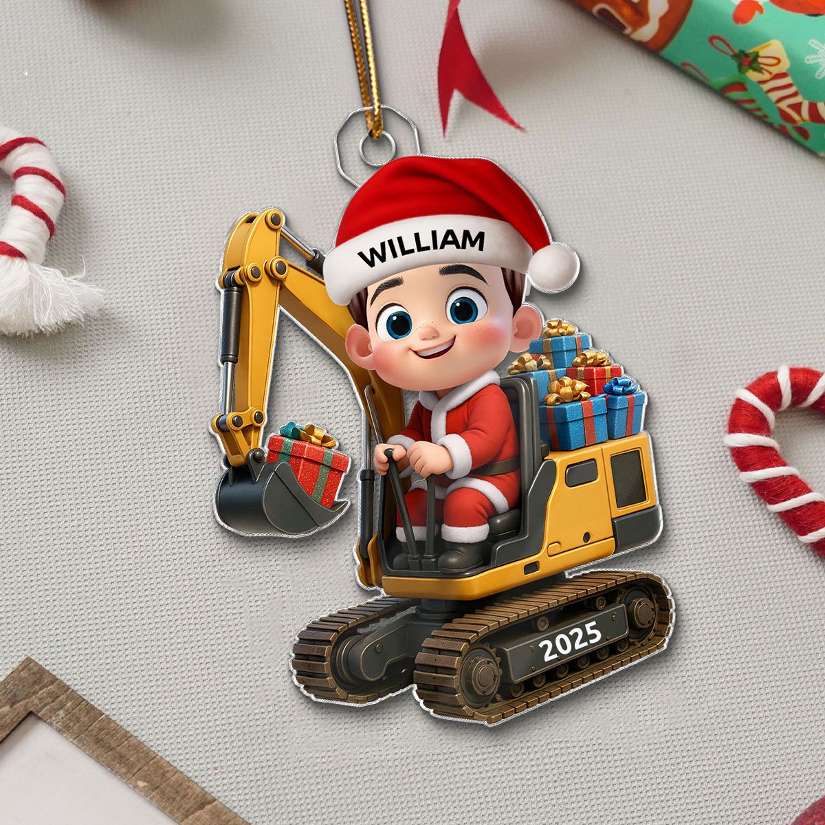 3D Effect Cute Cartoon Kid With Christmas Excavator Personalized Acrylic Ornament, Christmas Gift For Grandkids, Kids