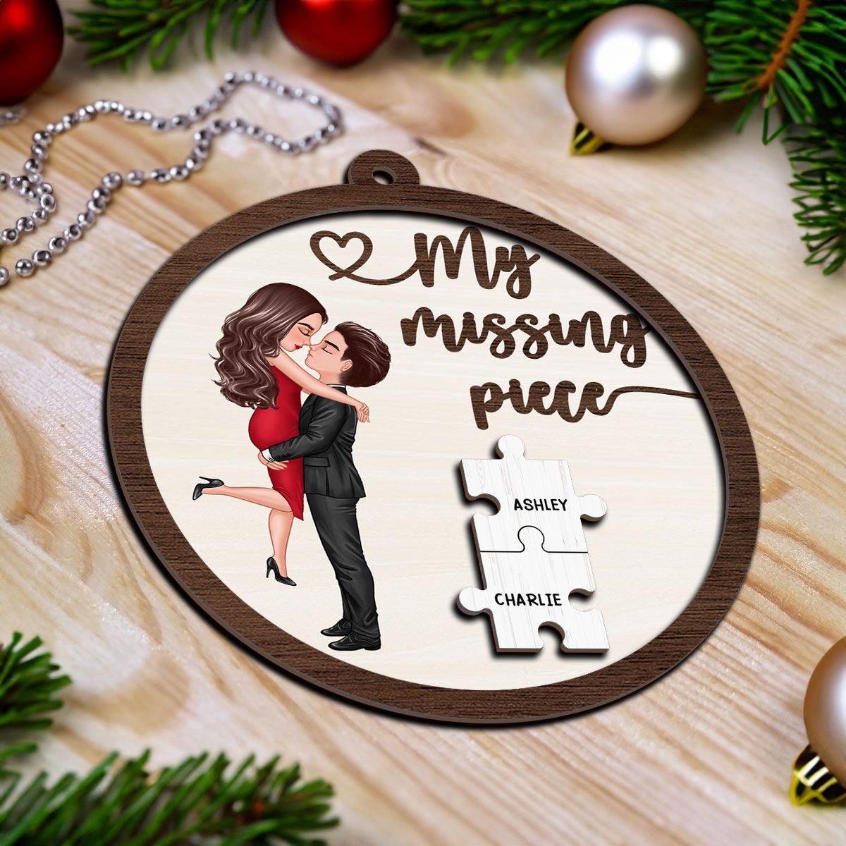 My Missing Piece Couple Hugging Kissing Personalized 2-Layer Wooden Ornament