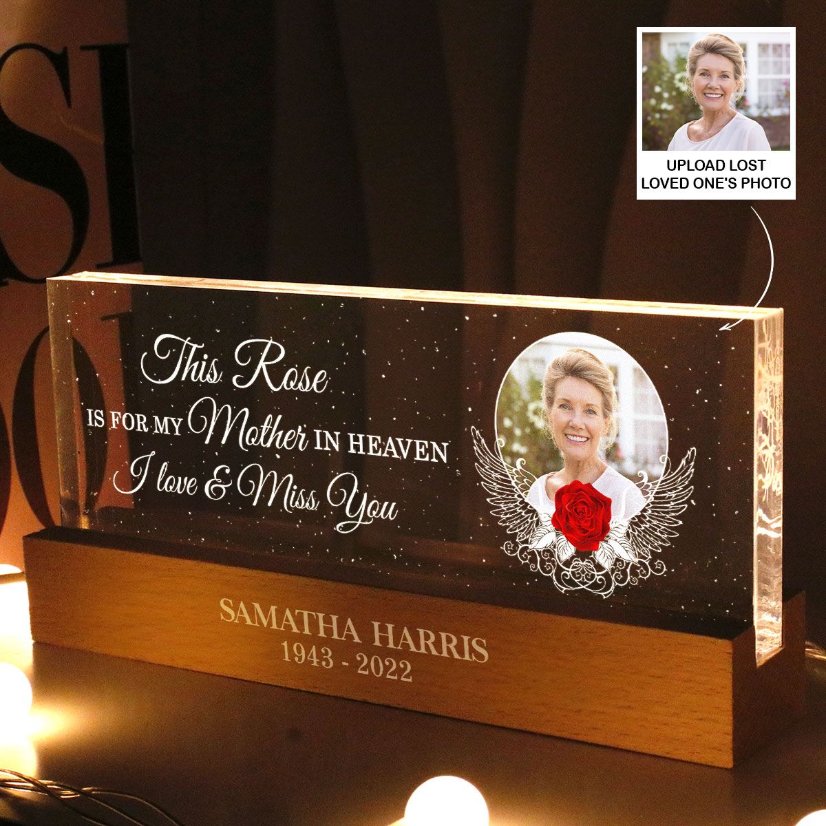 This Rose Is For My Mother In Heaven Personalized Acrylic LED Night Light, Heartfelt Memorial Keepsake