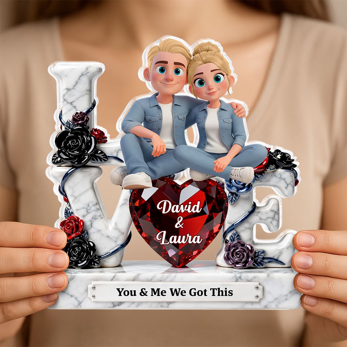 Couple Sitting on Love Marble Pattern - Personalized Acrylic Block Plaque - Heartfelt Valentine's Day Gift for Her, for Him