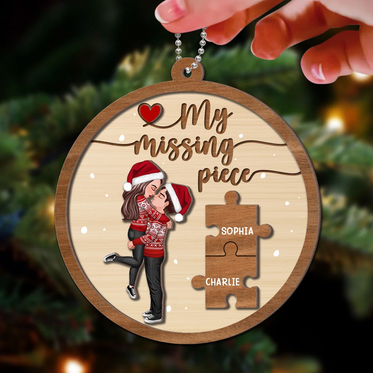 My Missing Piece Couple Hugging Kissing Christmas Personalized 2-Layer Wooden Ornament