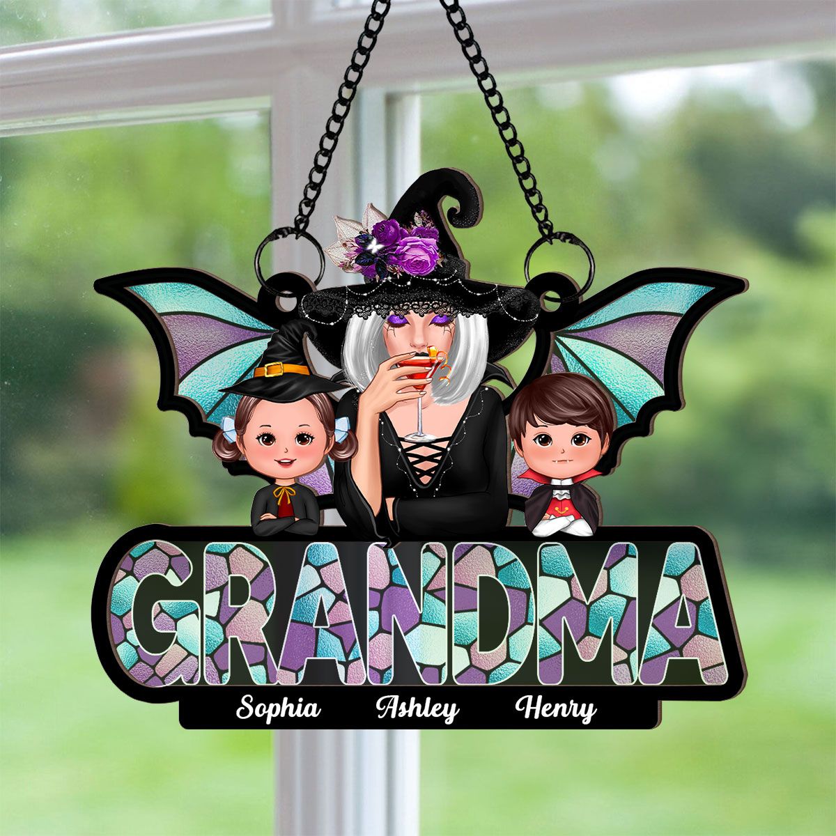 Halloween Grandma And Grandkids On Text Personalized Suncatcher