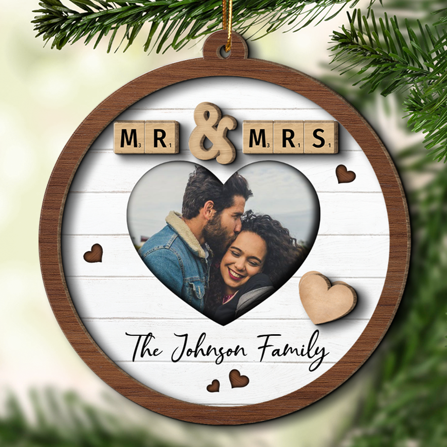 Mr & Mrs First Christmas Engaged Married Word Art Personalized 2-Layer Wooden Ornament