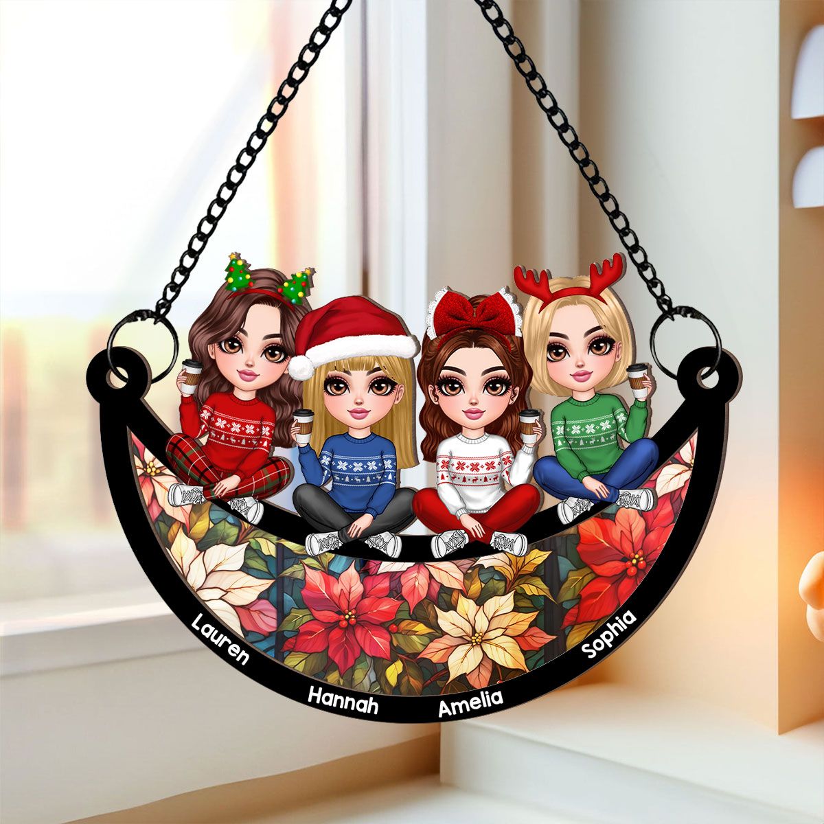 Christmas Besties Sisters Faux Stained Glass Personalized Suncatcher Ornament