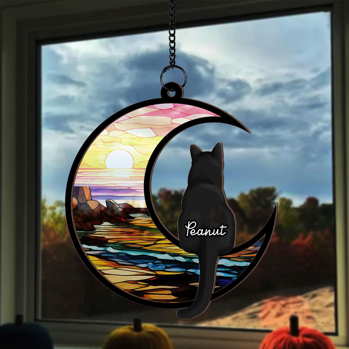 Cats On Moon Personalized Window Hanging Suncatcher, Halloween Decor For Cat Lovers