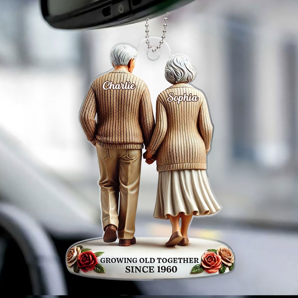 Old Couple Holding Hands Walking Together Personalized Car Hanger Ornament, Heartfelt Gift For Couple, For Him, For Her, Husband, Wife