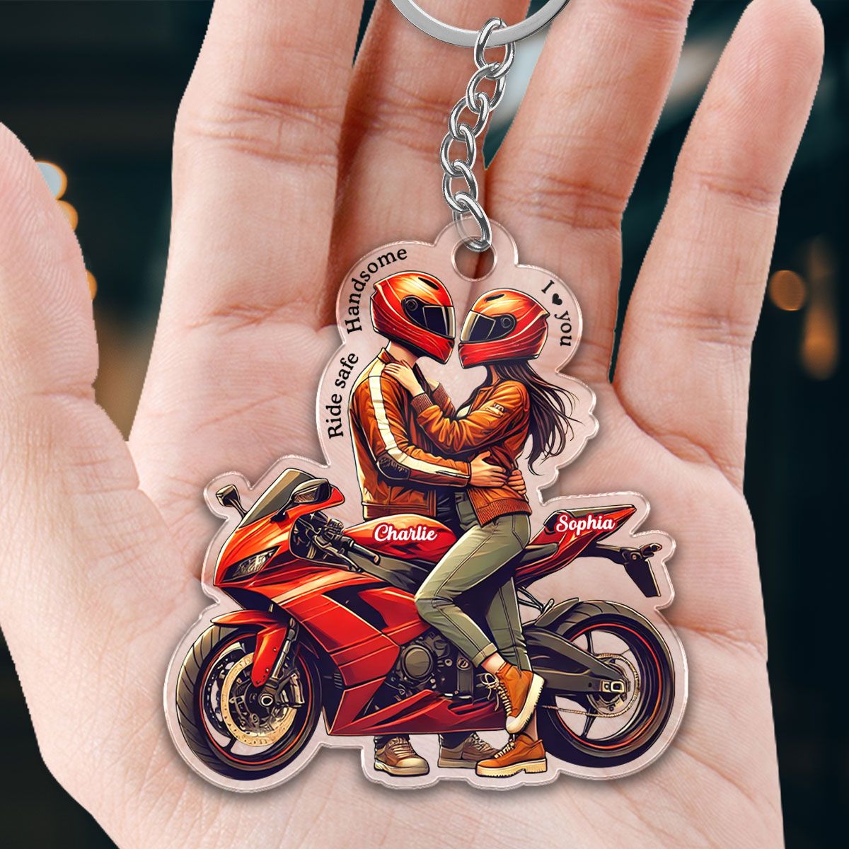 Ride Safe Handsome I Love You Personalized Acrylic Keychain, Anniversary Birthday Gift For Him, For Biker Couple